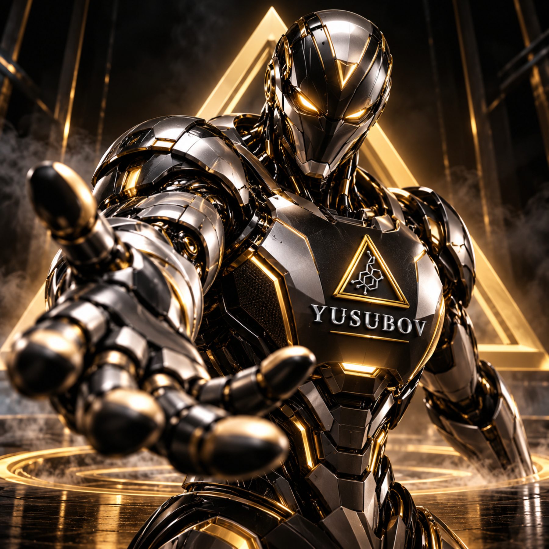 Two futuristic robots bearing YUSUBOV branding — a visual expression of partnership